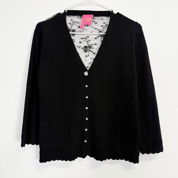 Charlotte Tarantola Sweaters - Charlotte Tarantola Sweater Large Black Lace Floral Crystal Button Cardigan